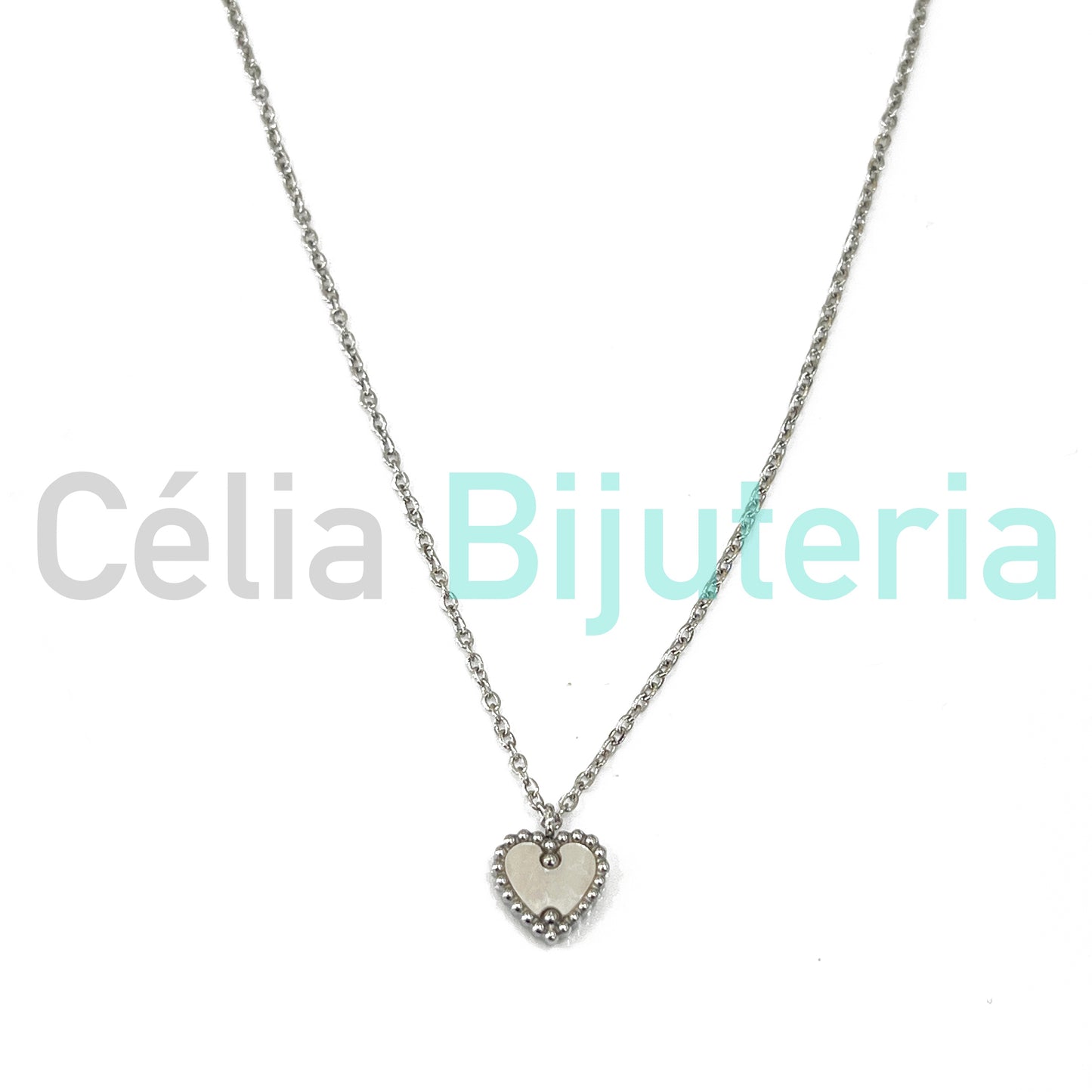 Steel Necklace with Medal Spacer - Heart with Mother-of-Pearl (front and back)