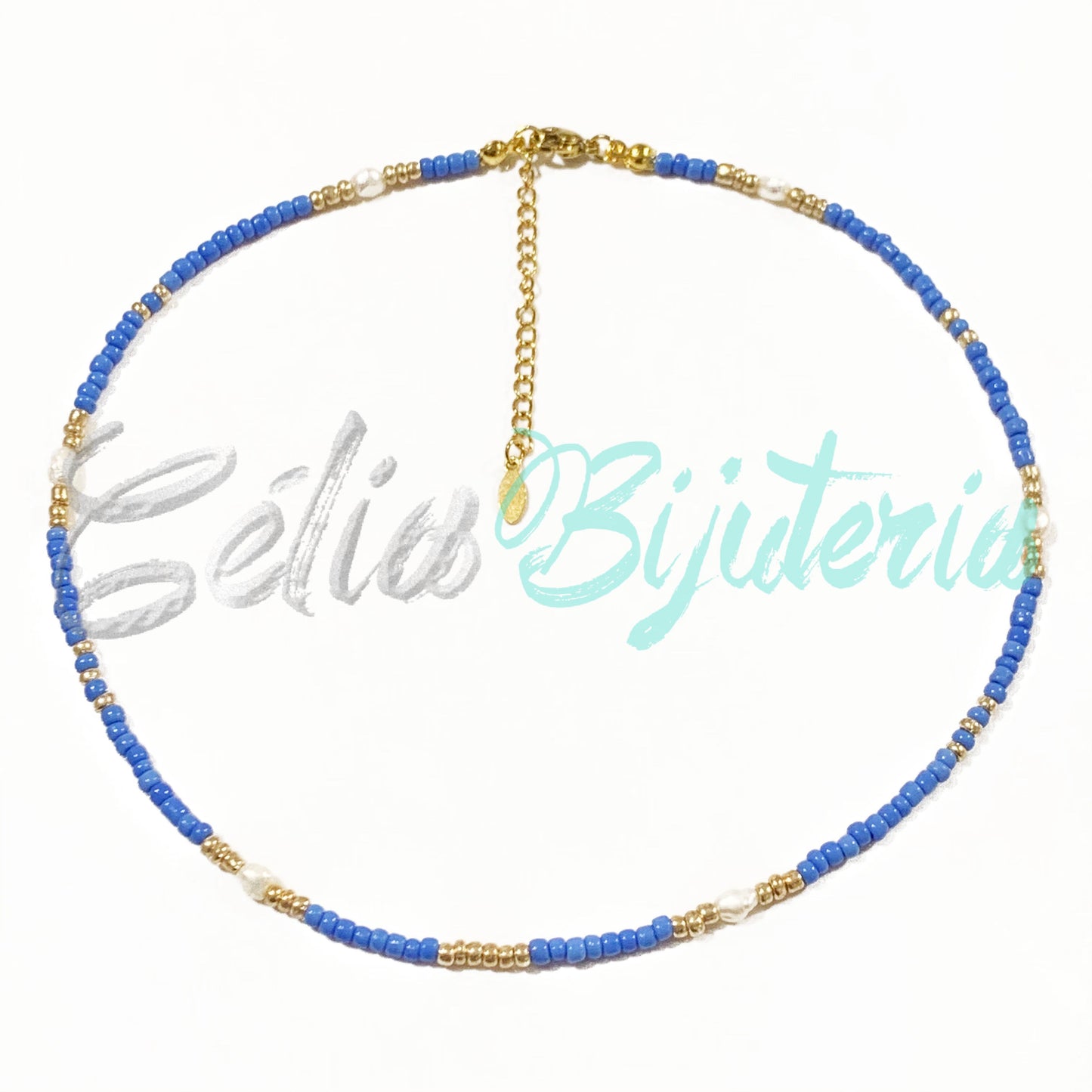 天然珠子和珍珠项链- 蓝色