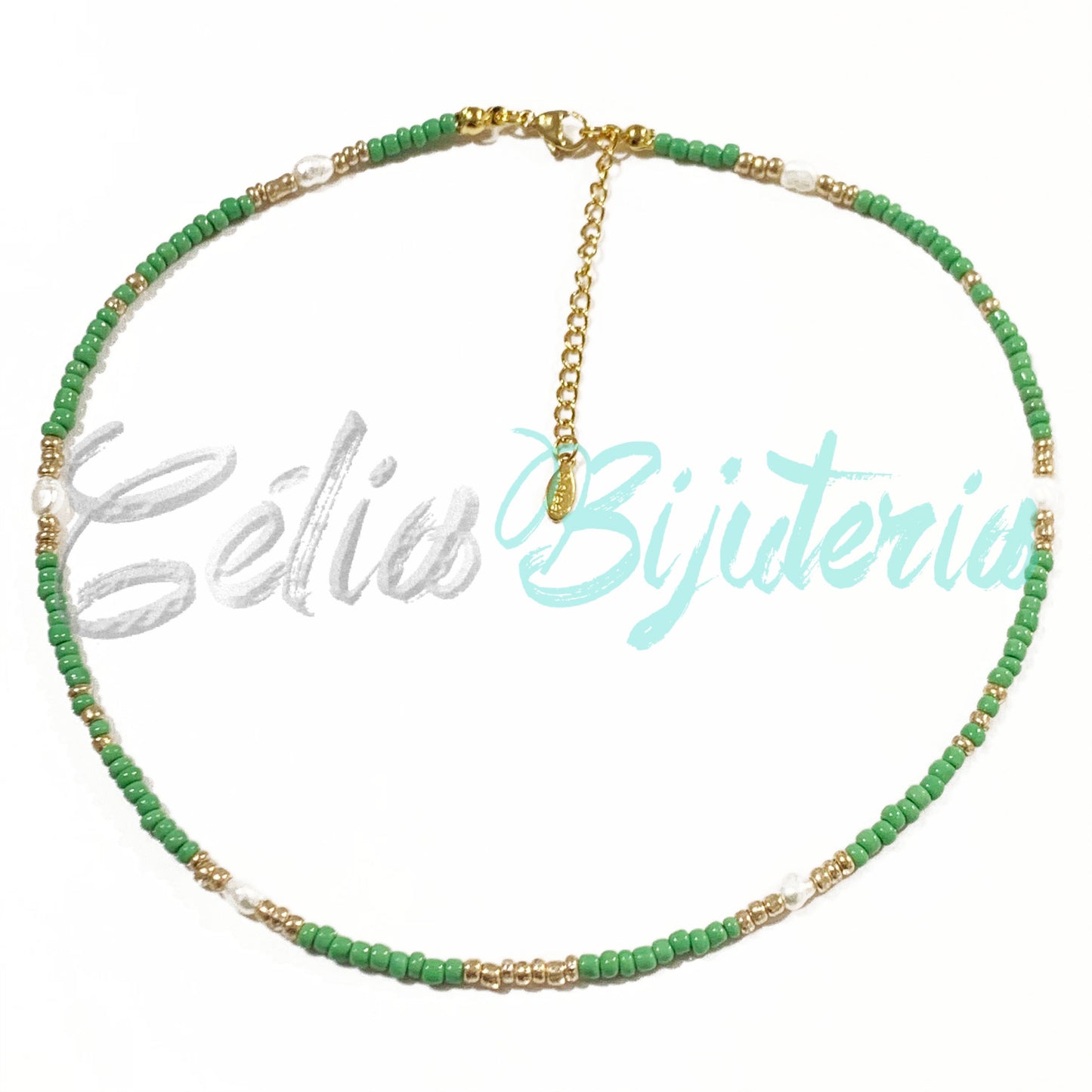 天然珠子和珍珠项链- 绿色