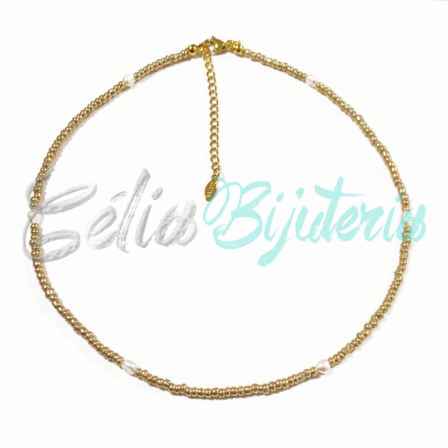 Colar Missangas e Pérolas Naturais- Dourado