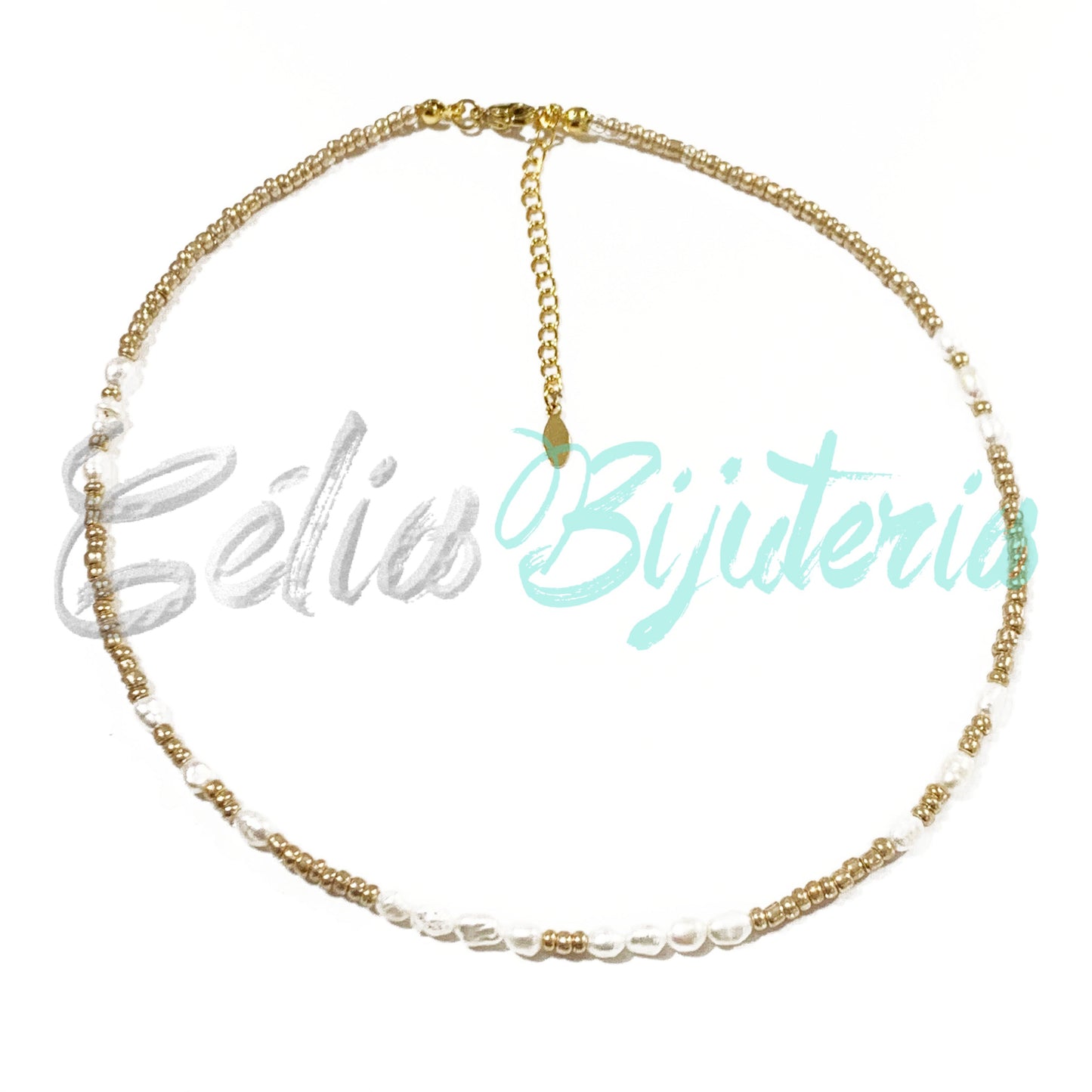 项链 珠子和天然珍珠 - 金色