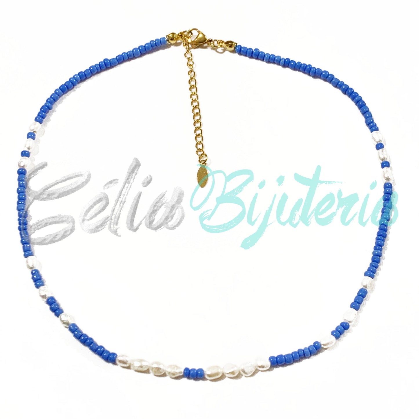 项链 珠子和天然珍珠 - 蓝色