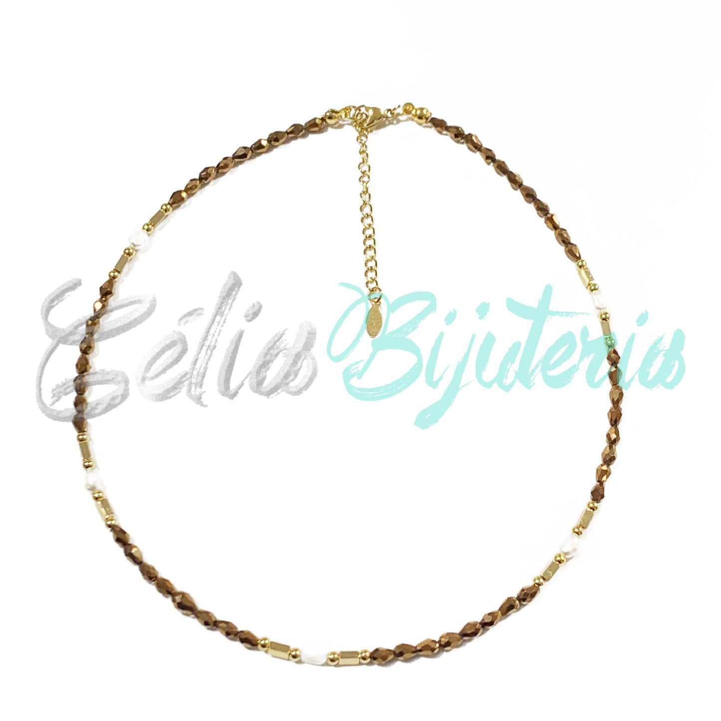 水晶、赤铁矿与天然珍珠项链 - 棕色