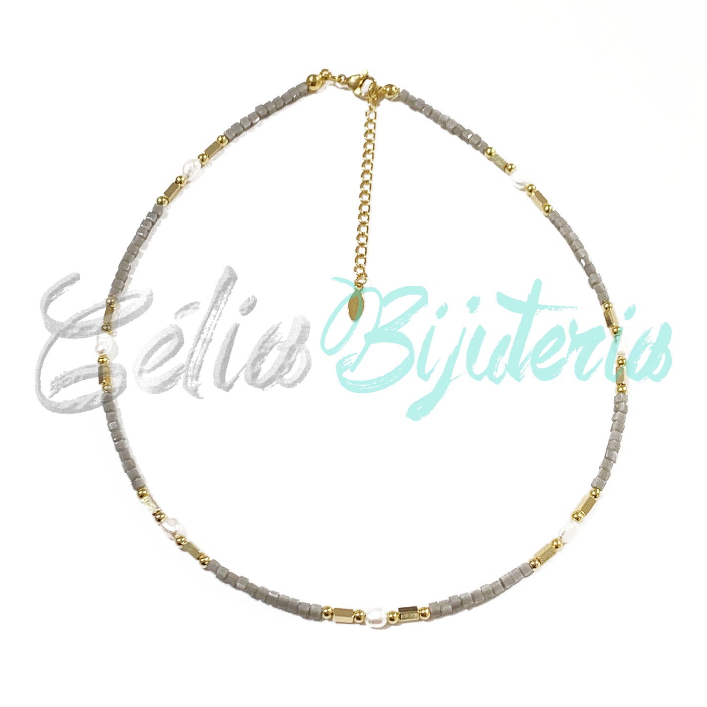 水晶立方体项链搭配赤铁矿和天然珍珠 - 灰色