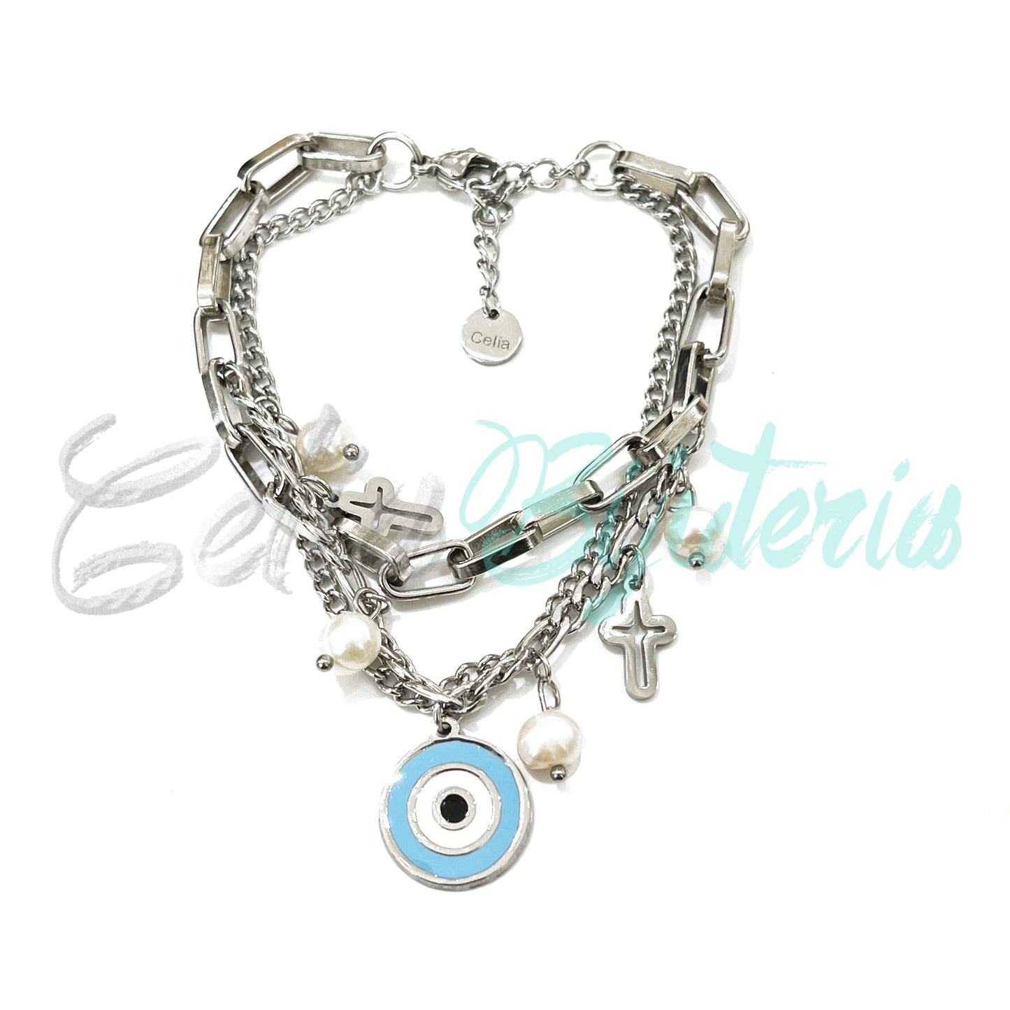 Collar/Pulsera Triple de Acero con Ojo Turco, Cruces y Perlas de Agua Dulce