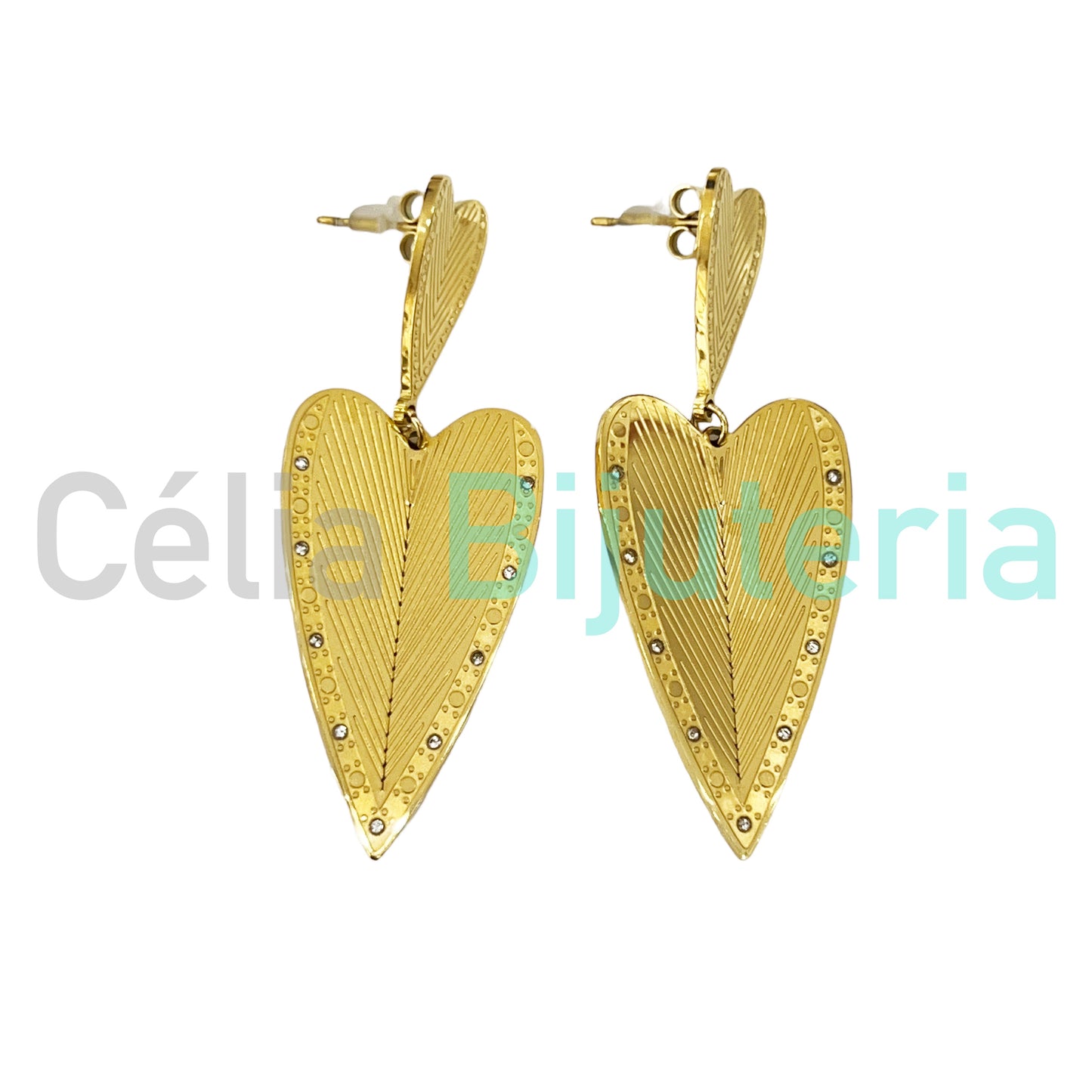 Brinco de Aço detalhado com brilhantes - gota/coração