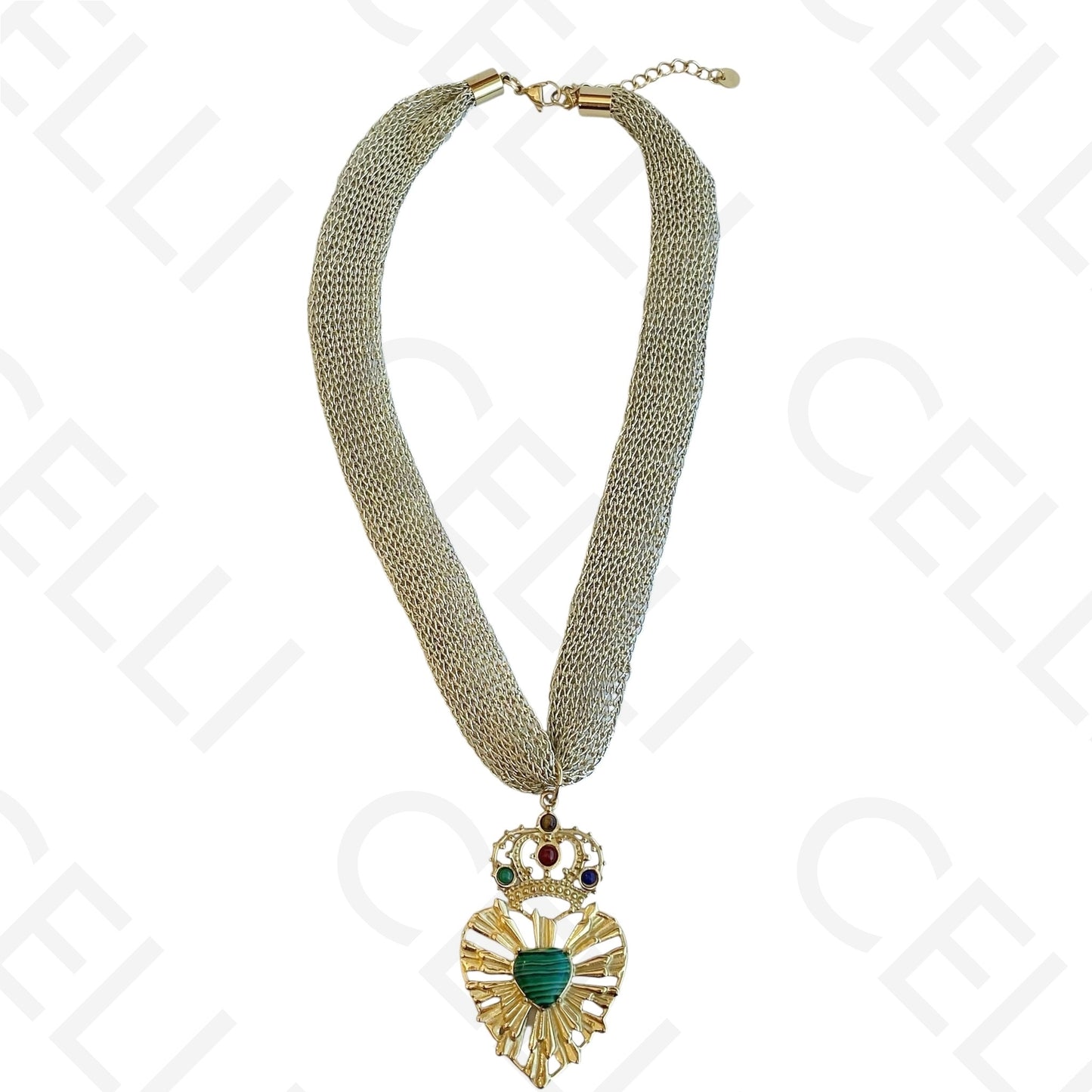 Steel necklace - golden fabric with detailed heart
