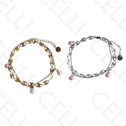 Colar/Pulseira Duplo de Aço - Olho Turco Rosa