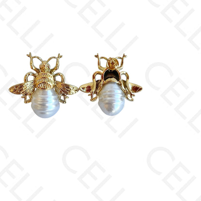 Necklace/Earring made of steel - bee with pearl