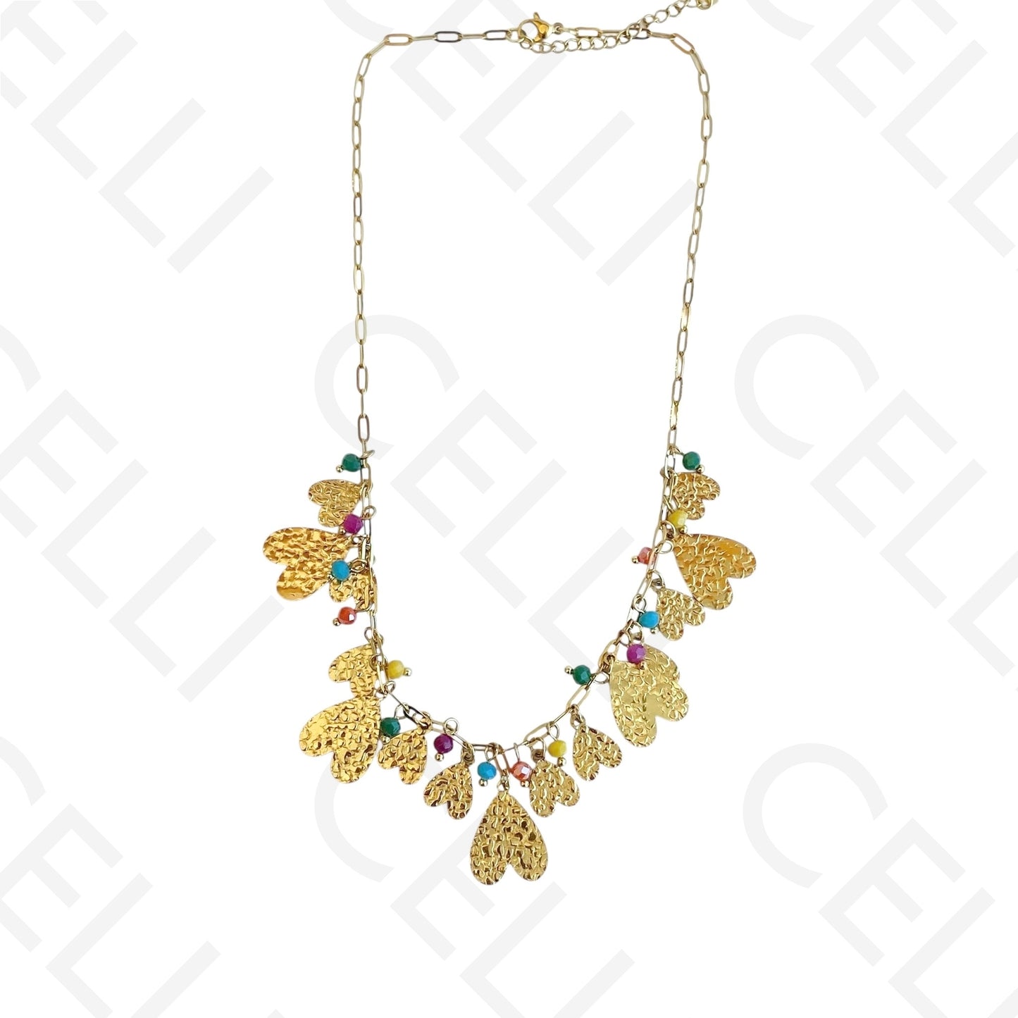 Colar de aço - multi pendentes de coração e cristais facetados