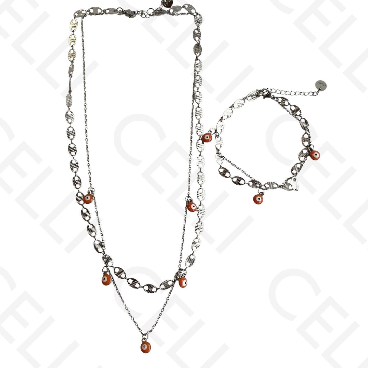 Double Steel Necklace/Bracelet - Orange Evil Eye