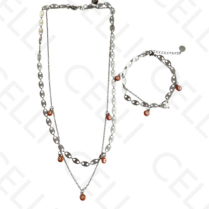 Double Steel Necklace/Bracelet - Orange Evil Eye