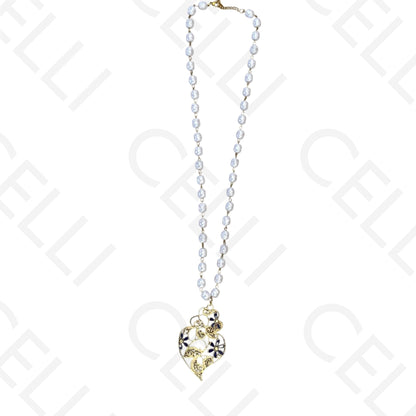 Colar de aço - pérola com coração de viana esmalte azul