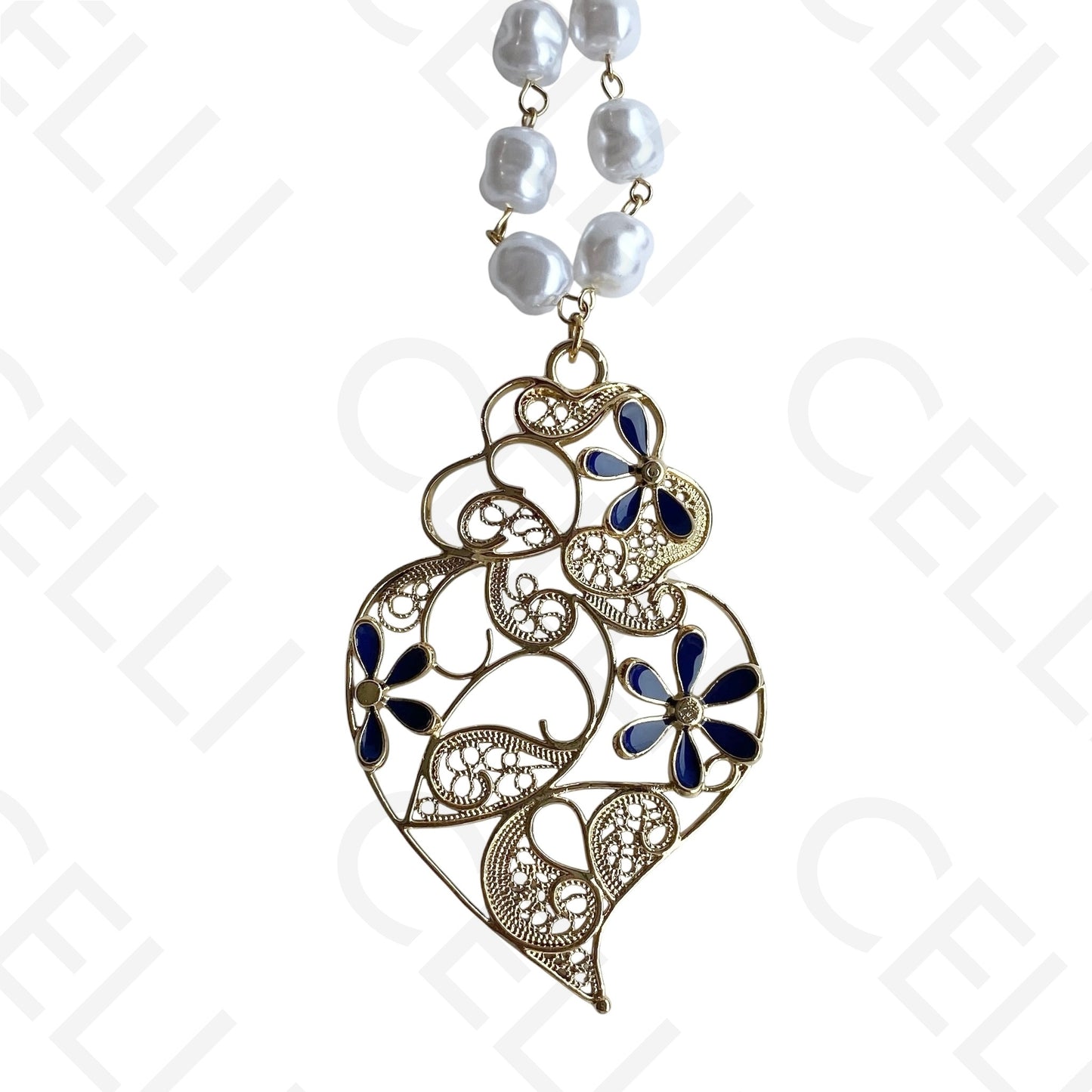 Colar de aço - pérola com coração de viana esmalte azul