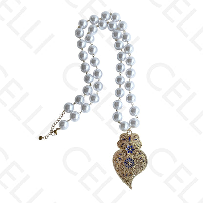 Steel necklace - pearl with blue enamel viana heart