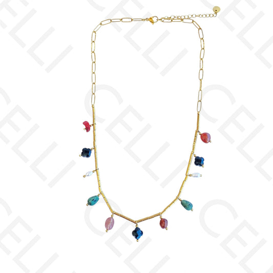 Colar de aço - multi pendentes em pedra natural