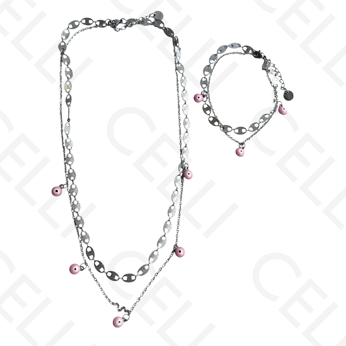 Colar/Pulseira Duplo de Aço - Olho Turco Rosa