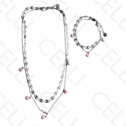 Colar/Pulseira Duplo de Aço - Olho Turco Rosa