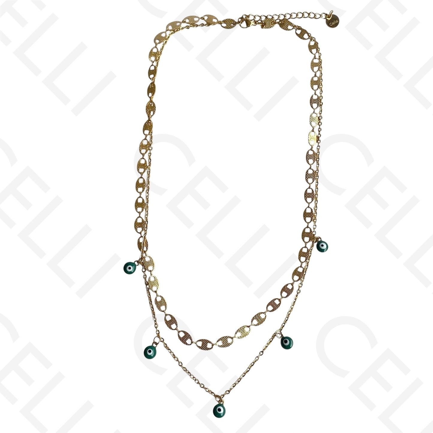 Double Steel Necklace/Bracelet - Green Evil Eye