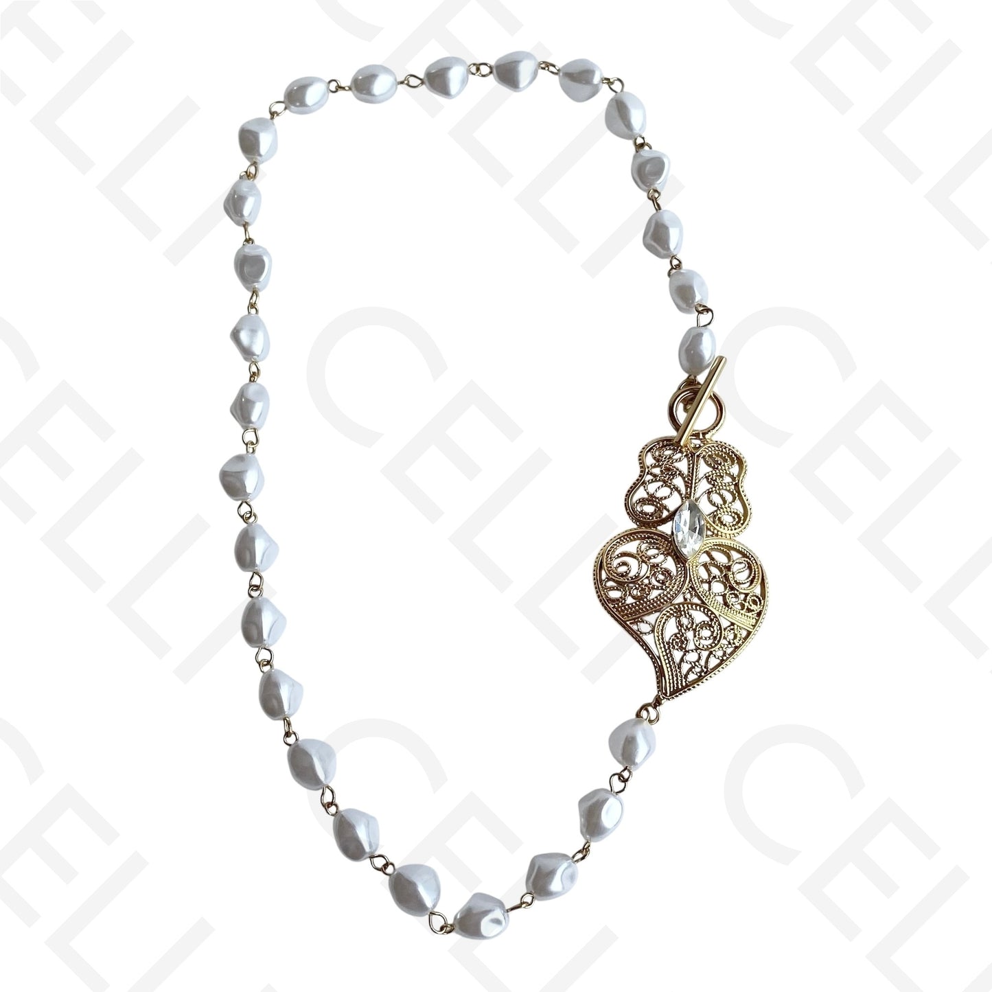 Colar/Brinco de aço - pérolas com pendente coração de viana