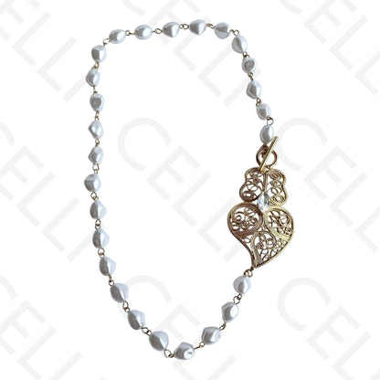 Colar/Brinco de aço - pérolas com pendente coração de viana