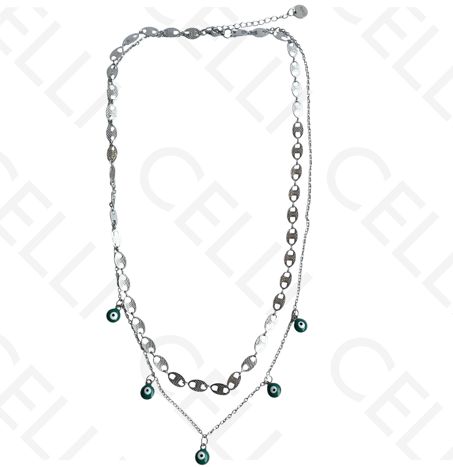 Double Steel Necklace/Bracelet - Green Evil Eye