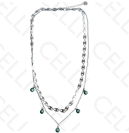 Double Steel Necklace/Bracelet - Green Evil Eye