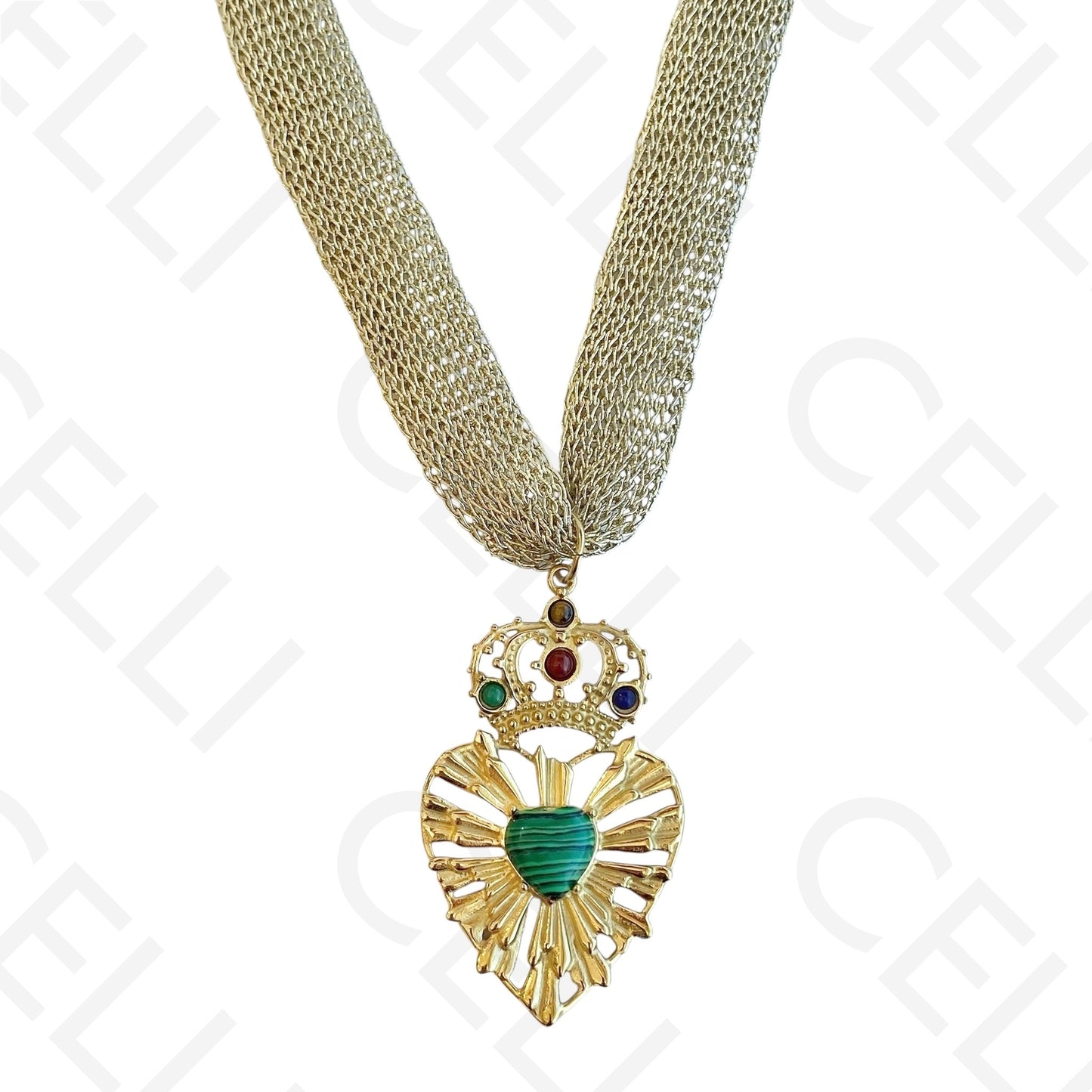 Steel necklace - golden fabric with detailed heart