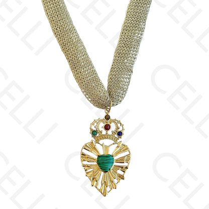 Steel necklace - golden fabric with detailed heart