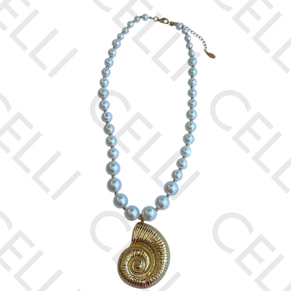 不锈钢项链 - 珍珠与螺旋壳吊坠