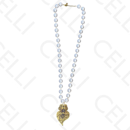 Steel necklace - pearl with blue enamel viana heart