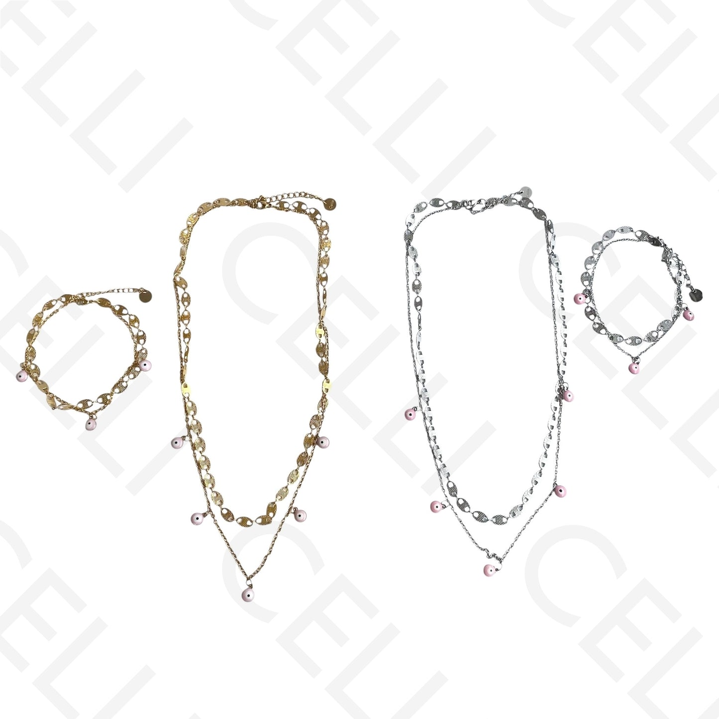 Colar/Pulseira Duplo de Aço - Olho Turco Rosa