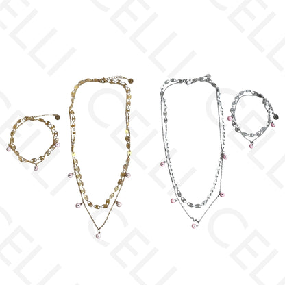 Colar/Pulseira Duplo de Aço - Olho Turco Rosa