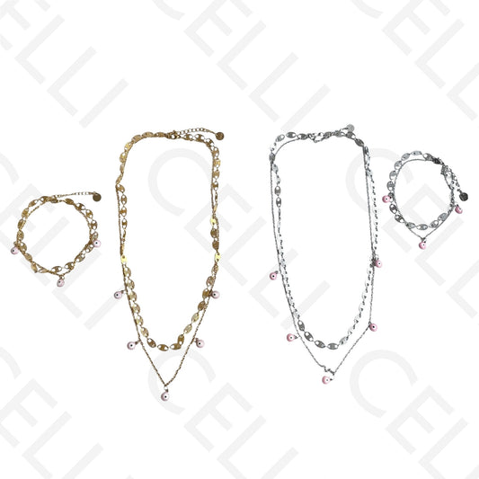 Colar/Pulseira Duplo de Aço - Olho Turco Rosa