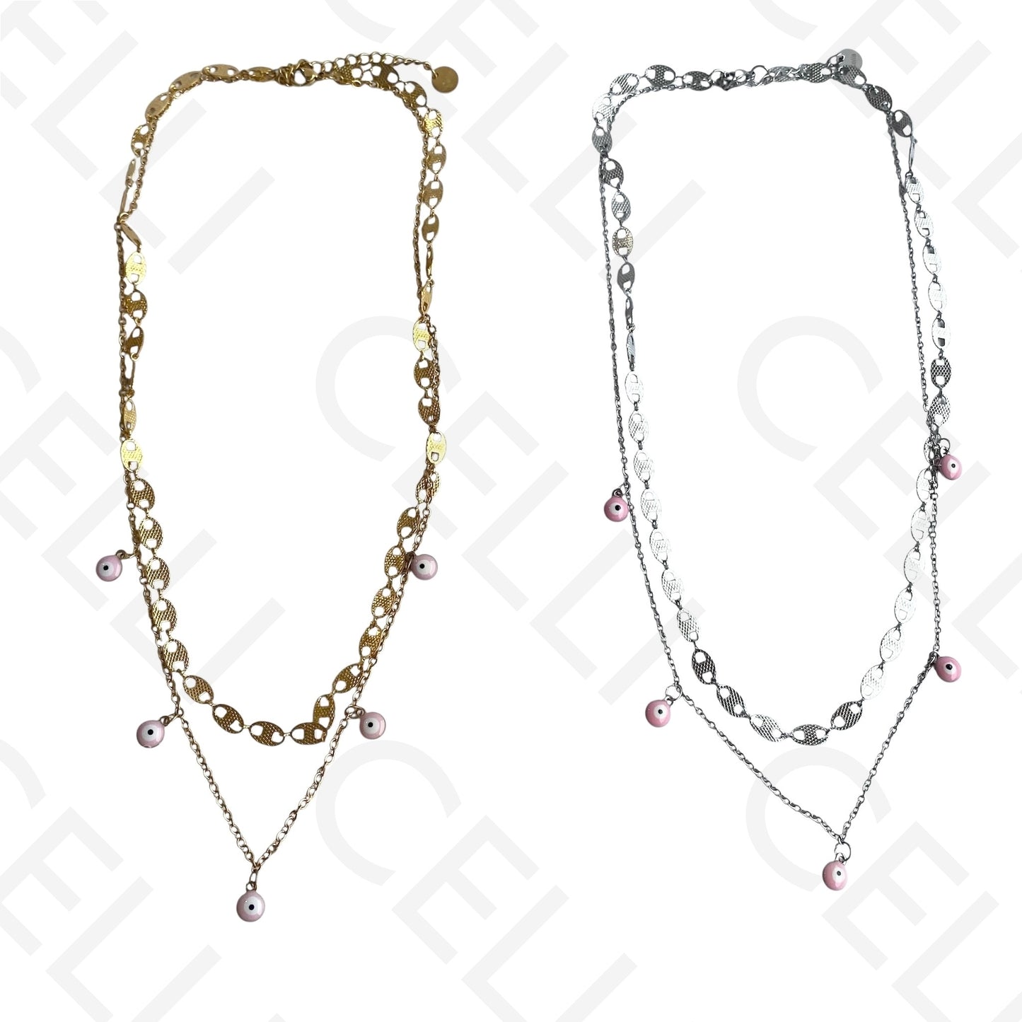 Colar/Pulseira Duplo de Aço - Olho Turco Rosa