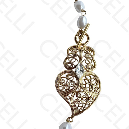 Colar/Brinco de aço - pérolas com pendente coração de viana
