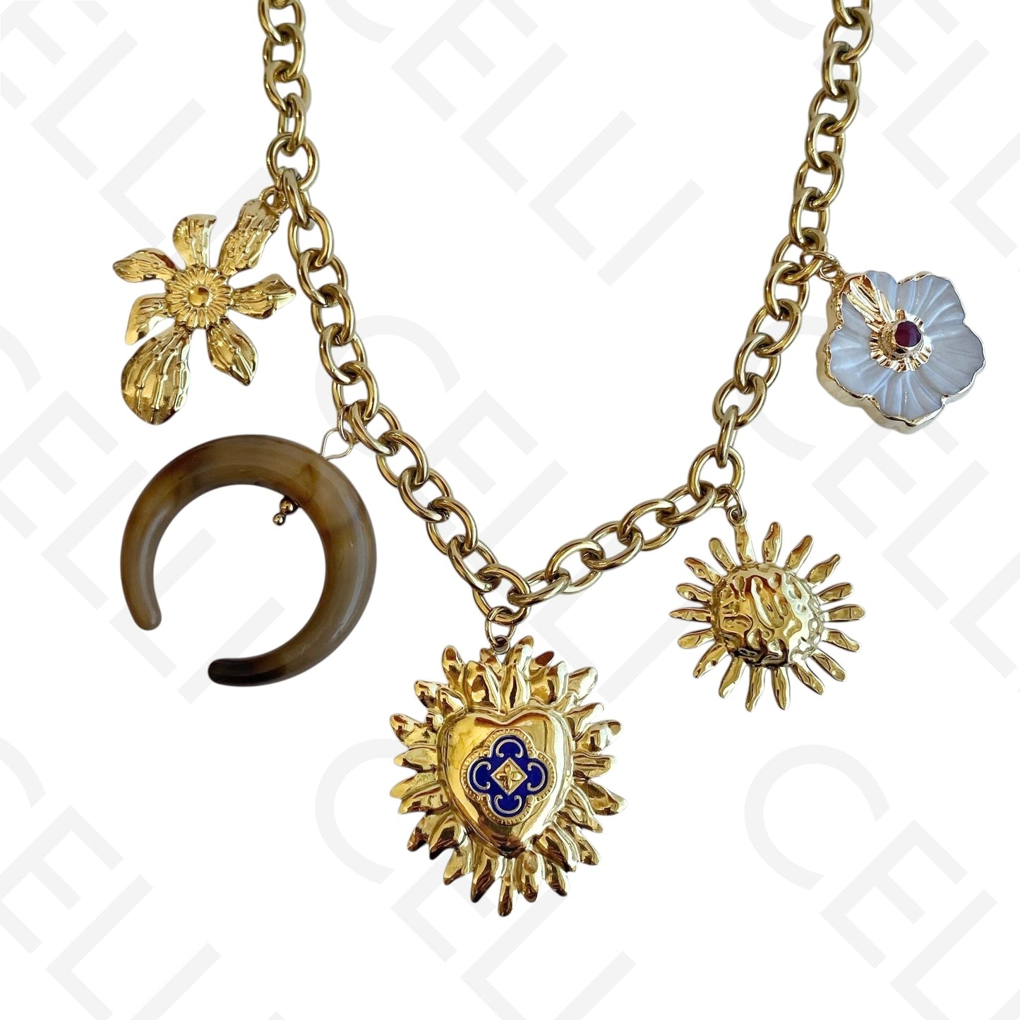 Colar de aço - multi pendentes sol e lua