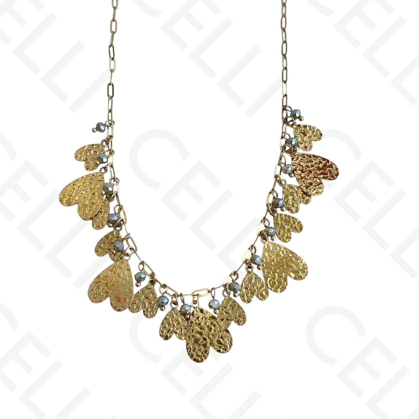 Colar de aço - multi pendentes de coração e cristais facetados