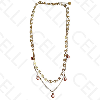 Double Steel Necklace/Bracelet - Orange Evil Eye