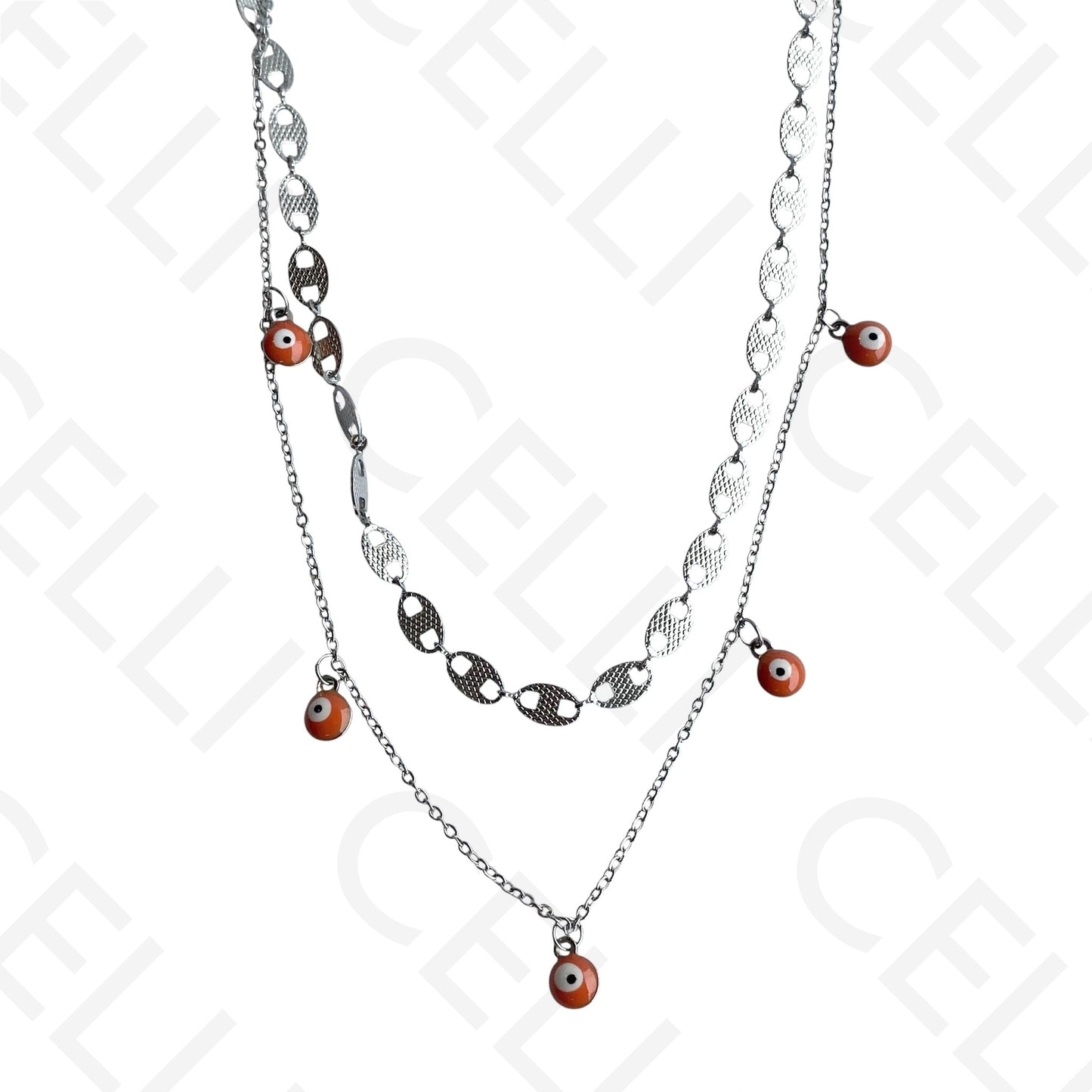 Double Steel Necklace/Bracelet - Orange Evil Eye