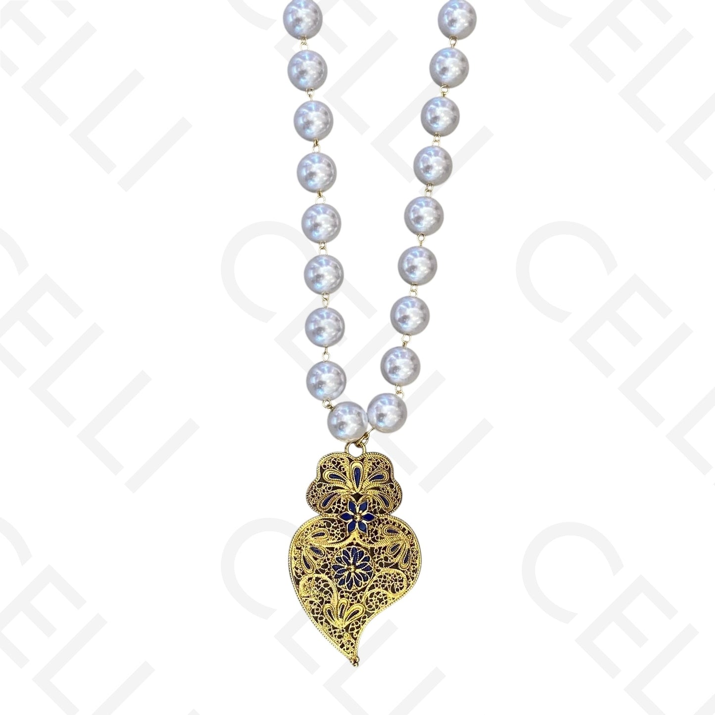 Steel necklace - pearl with blue enamel viana heart