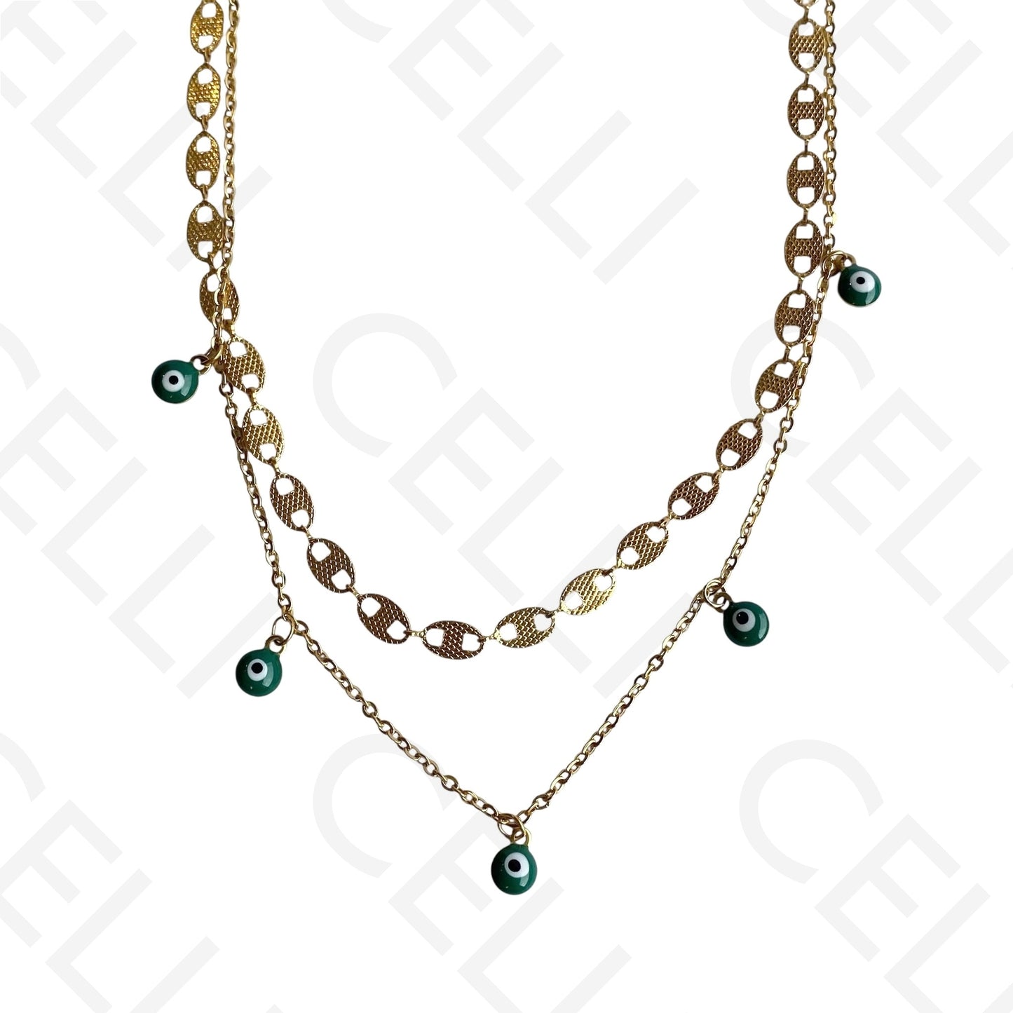 Double Steel Necklace/Bracelet - Green Evil Eye