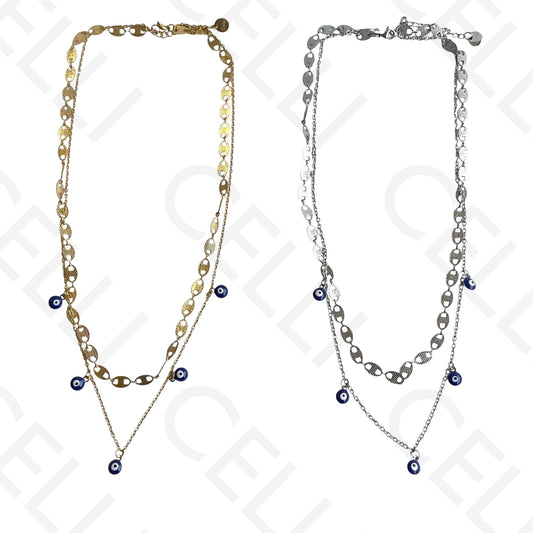 Colar/Pulseira Duplo de Aço - Olho Turco Azul e Branco
