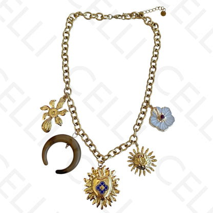 Colar de aço - multi pendentes sol e lua