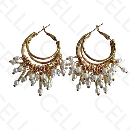 Brinco de aço - argola con perlas colgadas