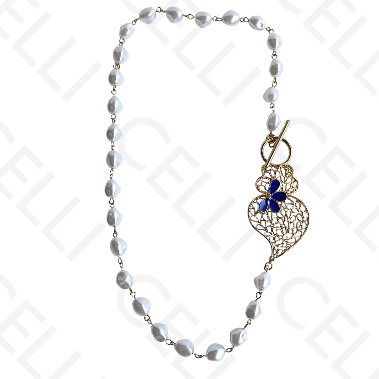 Colar de aço - pérola com coração de viana esmalte azul