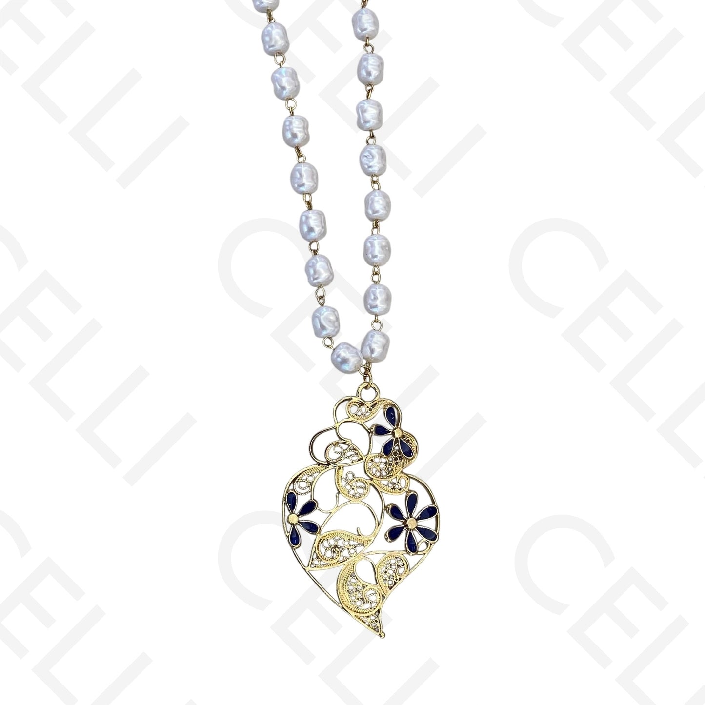 Colar de aço - pérola com coração de viana esmalte azul