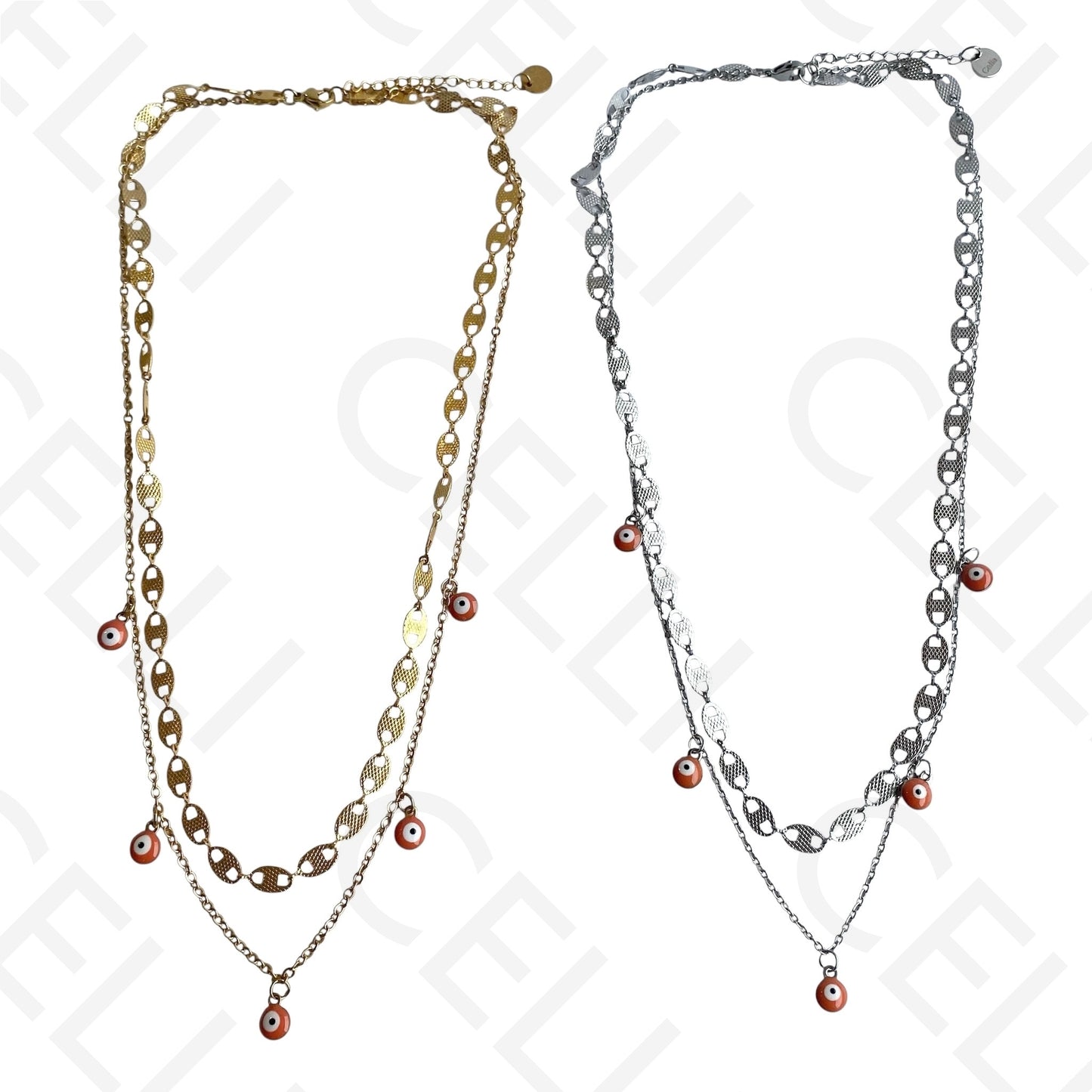 Double Steel Necklace/Bracelet - Orange Evil Eye