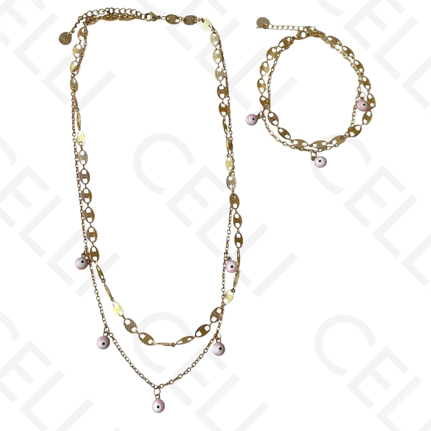 Colar/Pulseira Duplo de Aço - Olho Turco Rosa