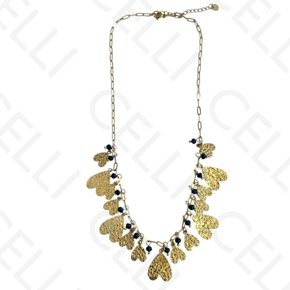 Colar de aço - multi pendentes de coração e cristais facetados